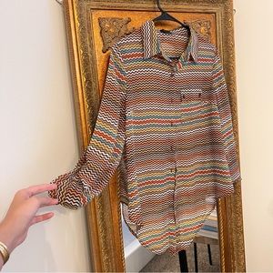 Vintage Multicolor Sheer Button down Blouse Chevron Colorful Top